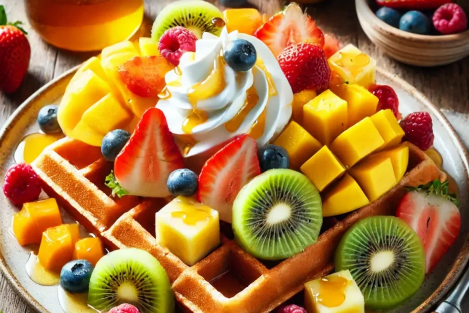 Um prato com waffles de frutas tropicais pronta para ser servida.