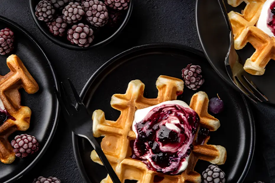 pratos com waffles de iogurte com futas silvestres.