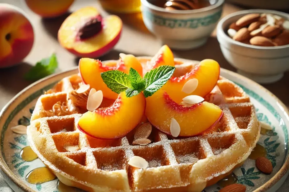 Um prato com waffles de pêssego com amêndoas em uma mesa pronto para ser servido.