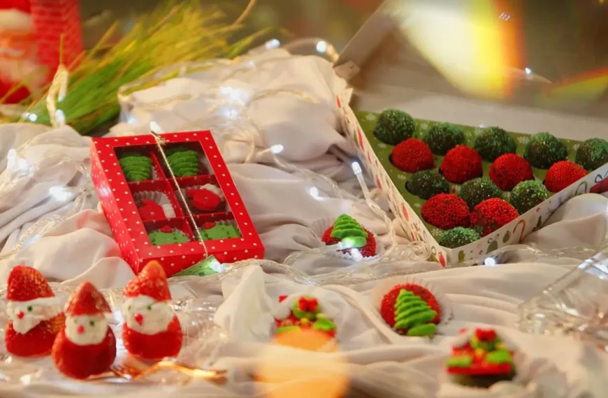 Brigadeiros gourmets de natal em uma mesa.