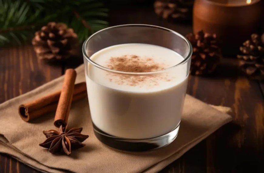 uma bebida Coquito Porto Riquenho em uma mesa de natal.