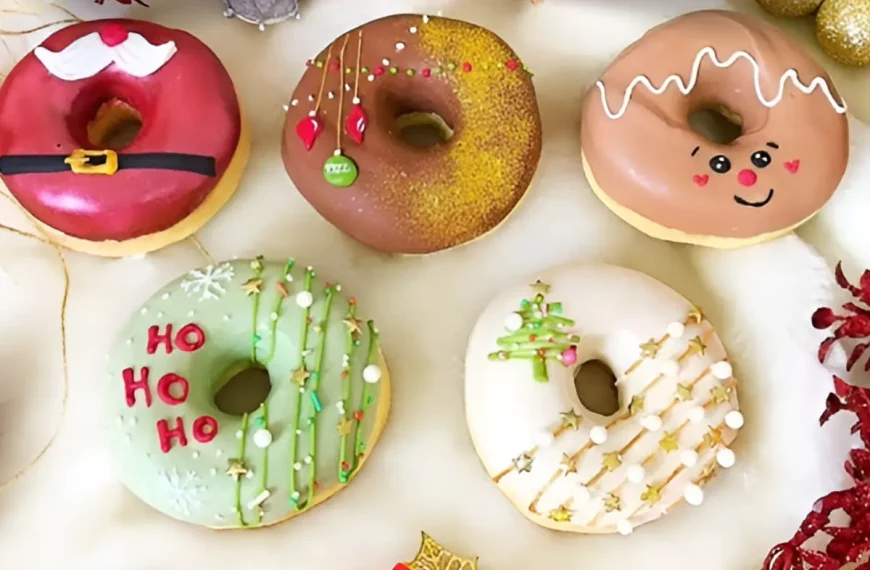 Vários Donuts Natalinos em uma mesa.