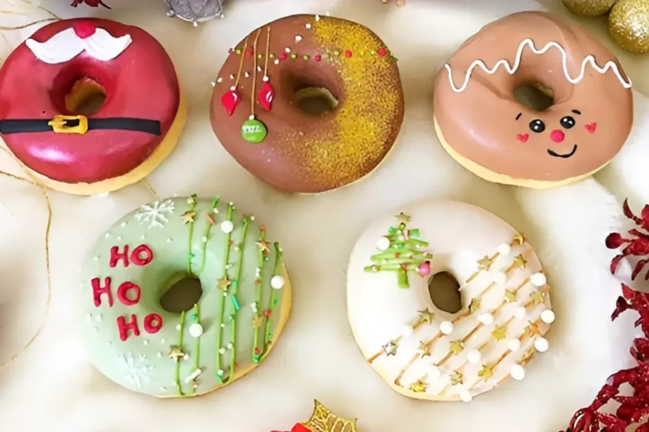 Vários Donuts Natalinos em uma mesa.