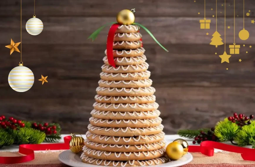 Um Kransekake em uma mesa decorada para o natal pronto para ser servido.