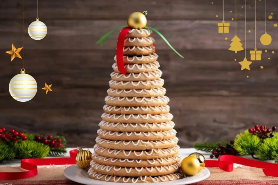 Um Kransekake em uma mesa decorada para o natal pronto para ser servido.