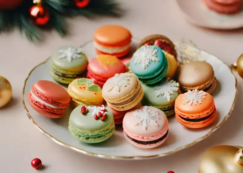 Um prato com macarrons de natal pronto para ser servido.