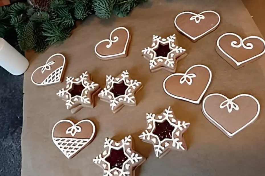 Uma mesa com Bolachas Lebkuchen de Natal.