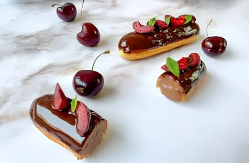 Éclairs Natalinos (França) bombas de chocolates em uma mesa.