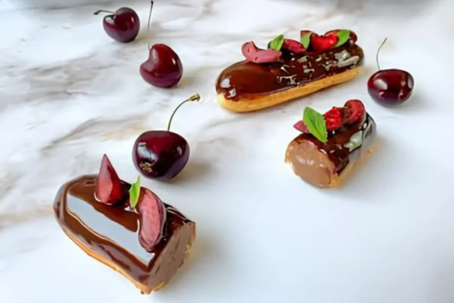 Éclairs Natalinos (França) bombas de chocolates em uma mesa.