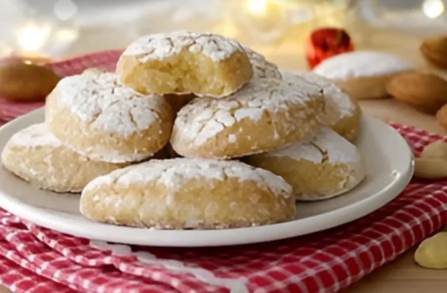 Um prato com biscoitos ricciarelli em uma mesa prontos para serem servidos.