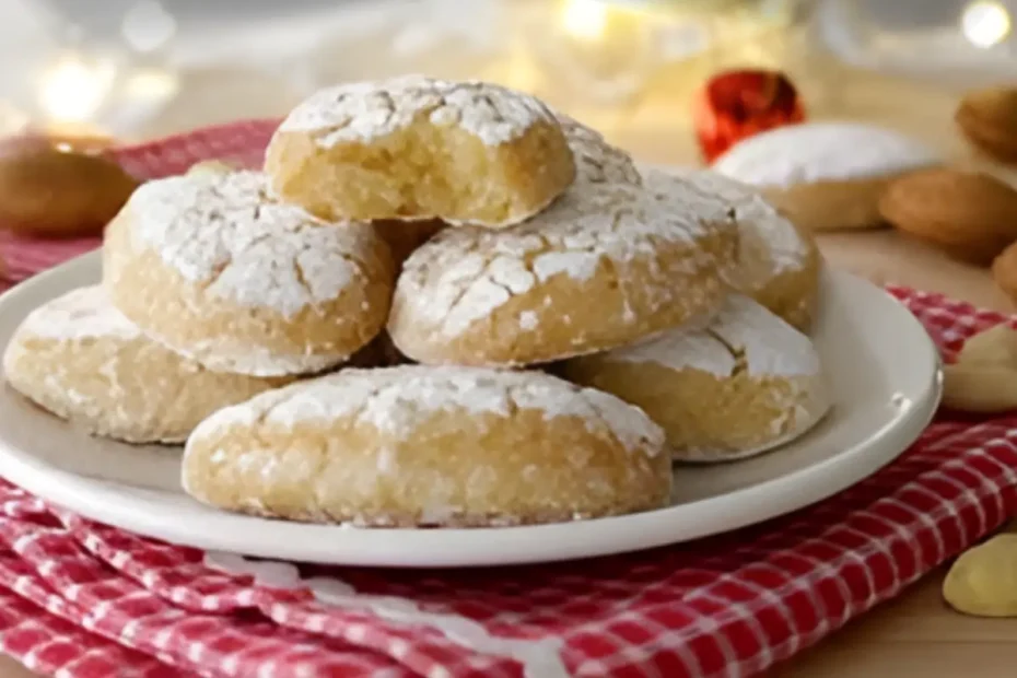 Um prato com biscoitos ricciarelli em uma mesa prontos para serem servidos.